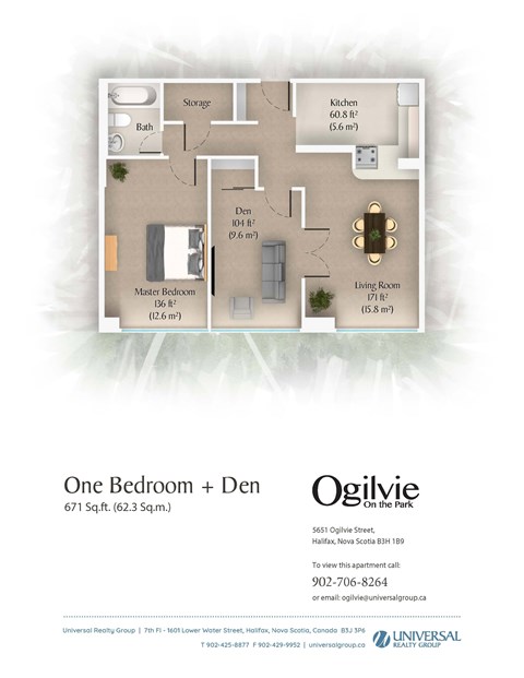 Floor plan for 1 bed, 1 bath, 671 sqft